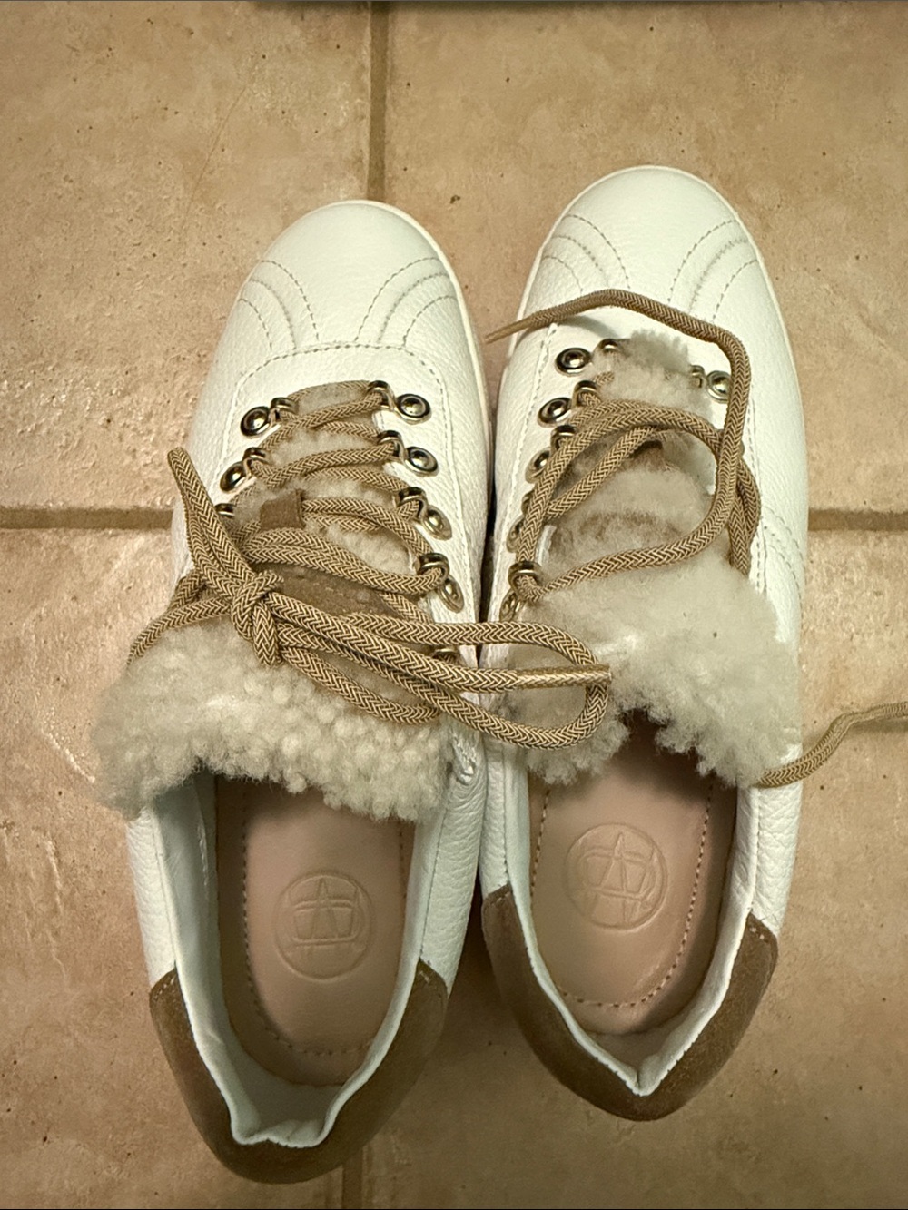 Massimo Dutti White Sneakers with Cream Shearling and Tan Accents